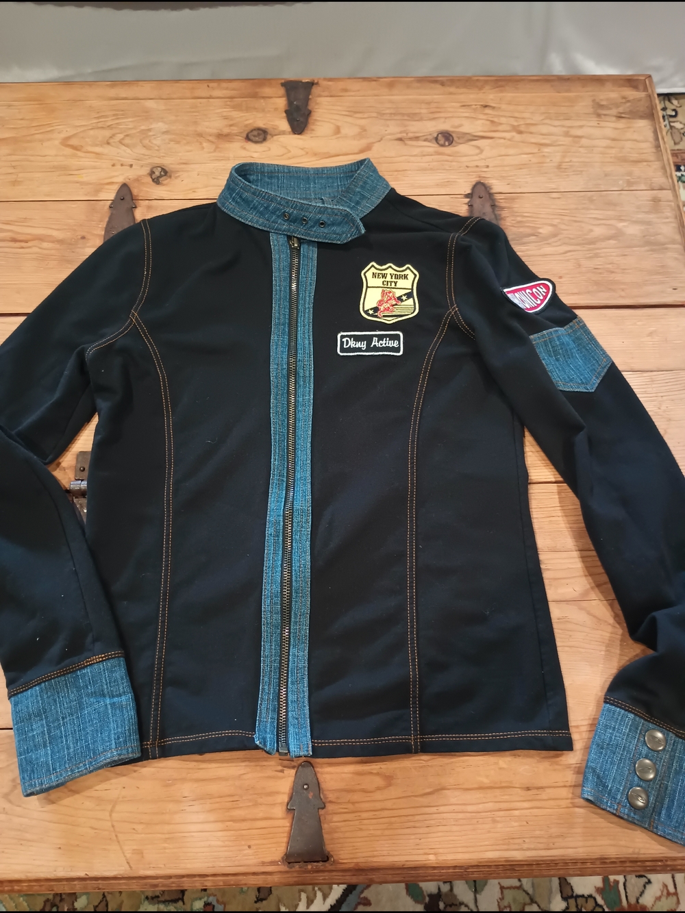 Vintage DKNY Active Mixed Media Jacket Blk Jacket w/Denim Trim & Patches Size M